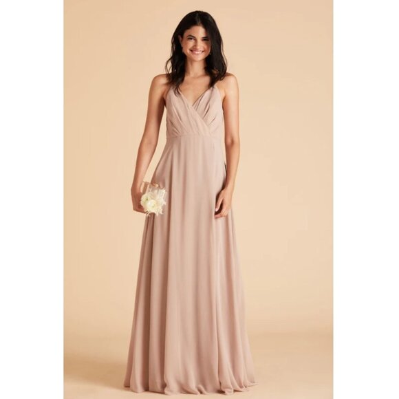 Birdy Grey Kaia Dress Sz Large Womens Chiffon Taupe Beige Formal Bridesmaid Prom - Picture 1 of 11